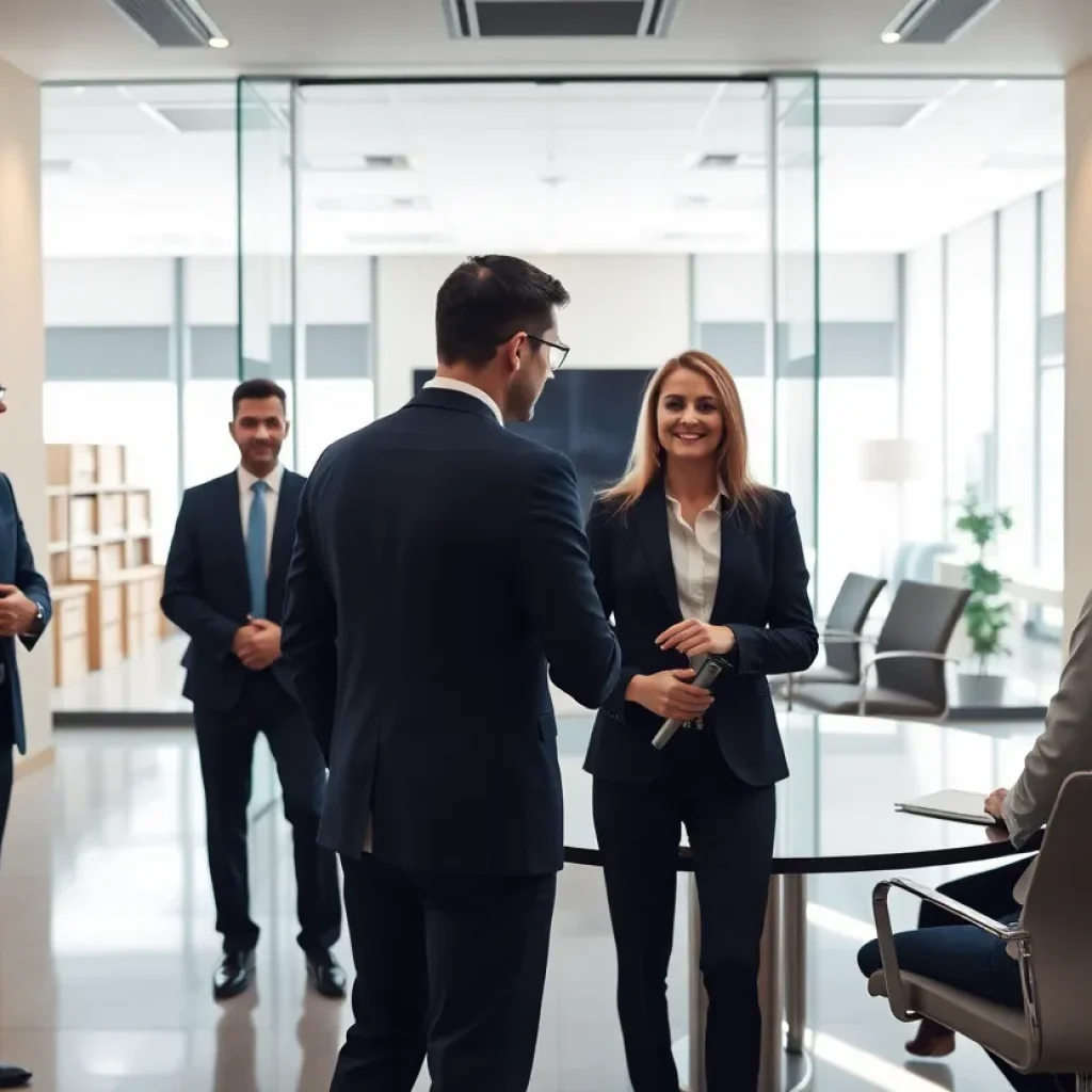 Interior of a contemporary law office showcasing teamwork among attorneys