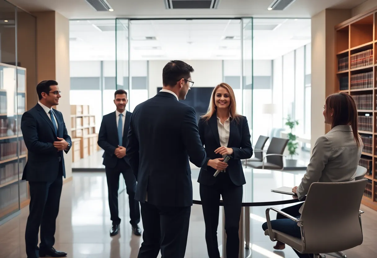 Interior of a contemporary law office showcasing teamwork among attorneys
