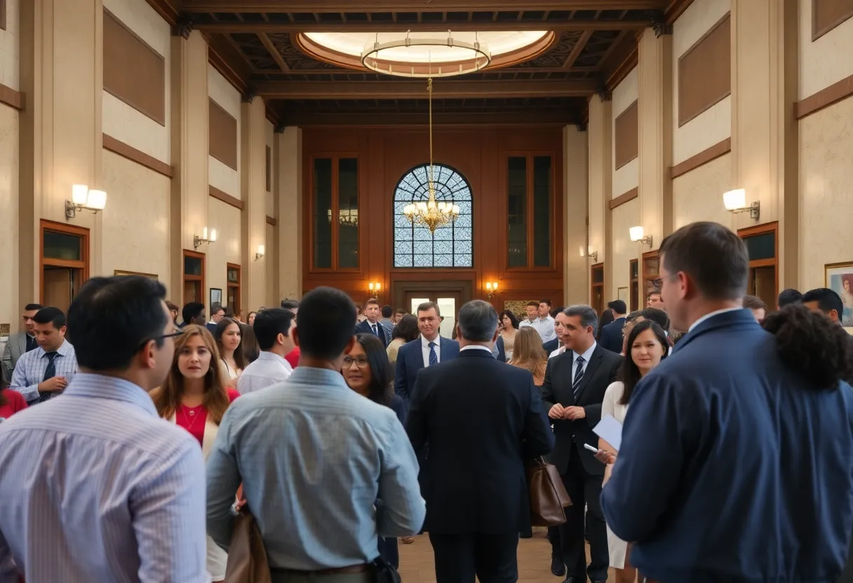 Los Angeles City Hall with people interacting