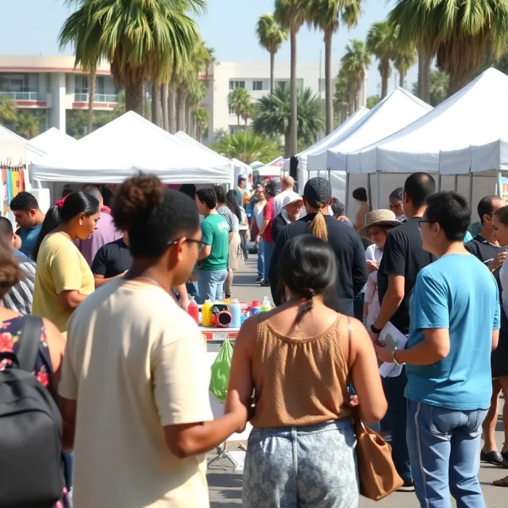 A colorful scene depicting community members engaging in various activities at a Los Angeles event.