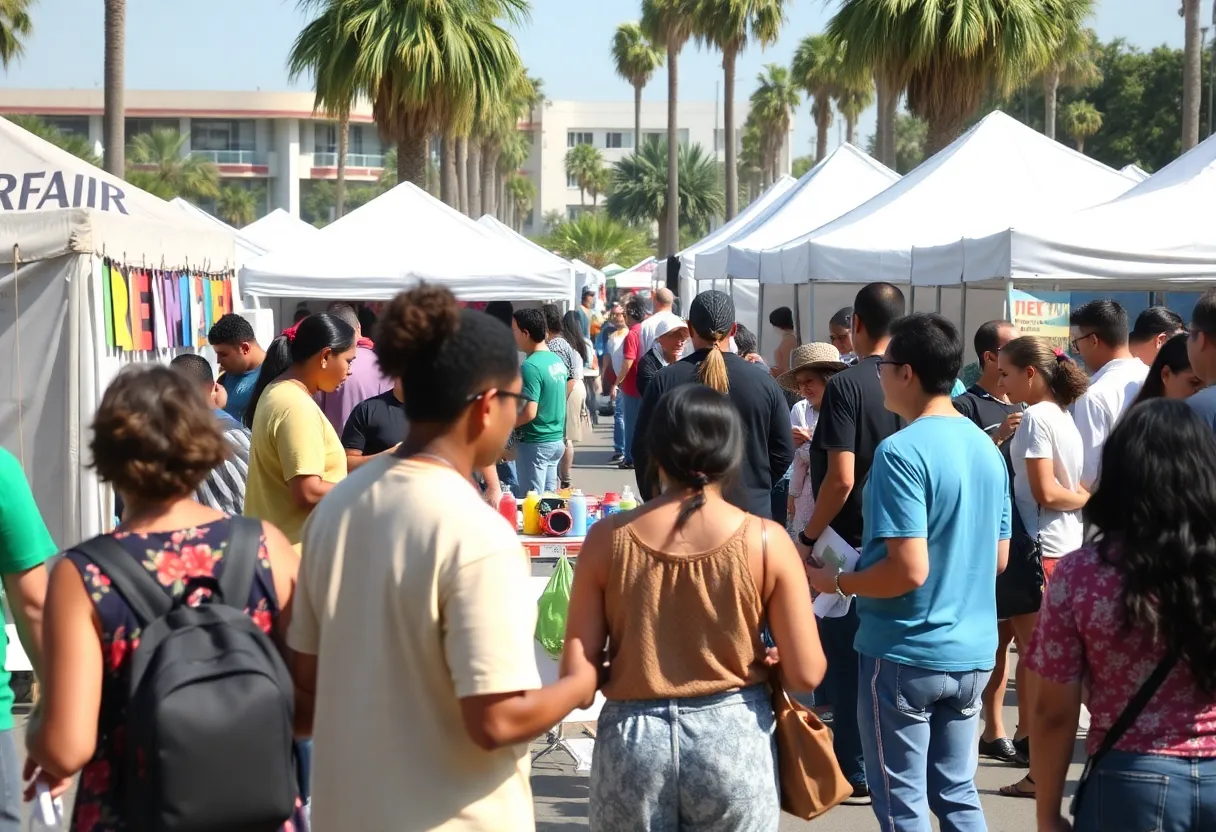 A colorful scene depicting community members engaging in various activities at a Los Angeles event.
