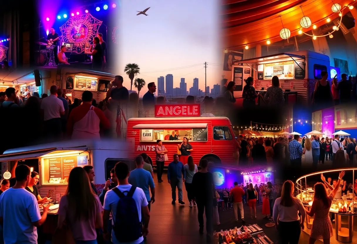 A collage showcasing diverse events in Los Angeles including food, music, and cultural activities.