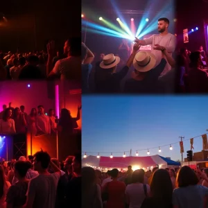 Collage of Los Angeles events including festivals, dance parties, and movie screenings.
