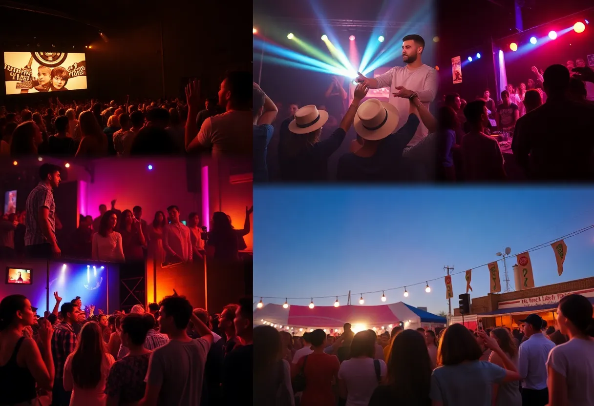 Collage of Los Angeles events including festivals, dance parties, and movie screenings.