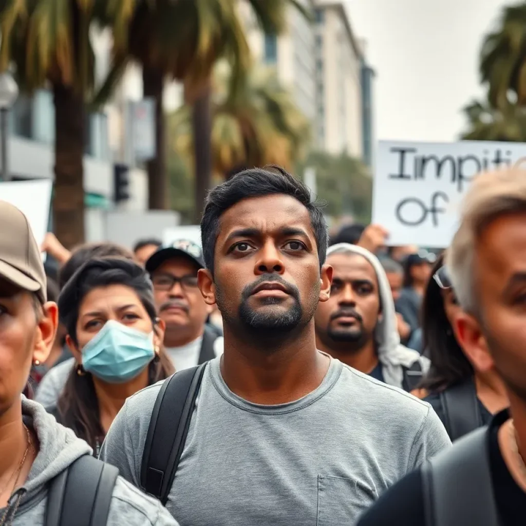 Crowd in Los Angeles showing concern over immigration enforcement actions.