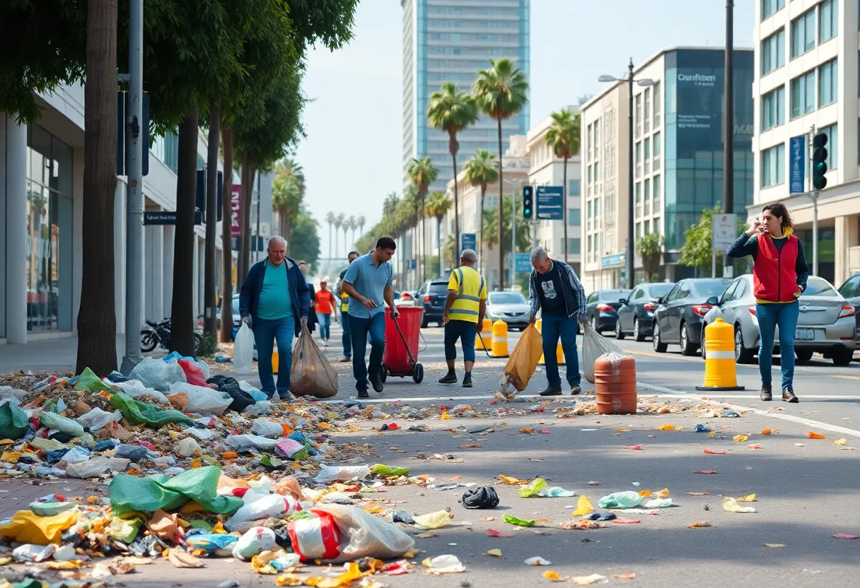 Volunteers cleaning litter on a Los Angeles street