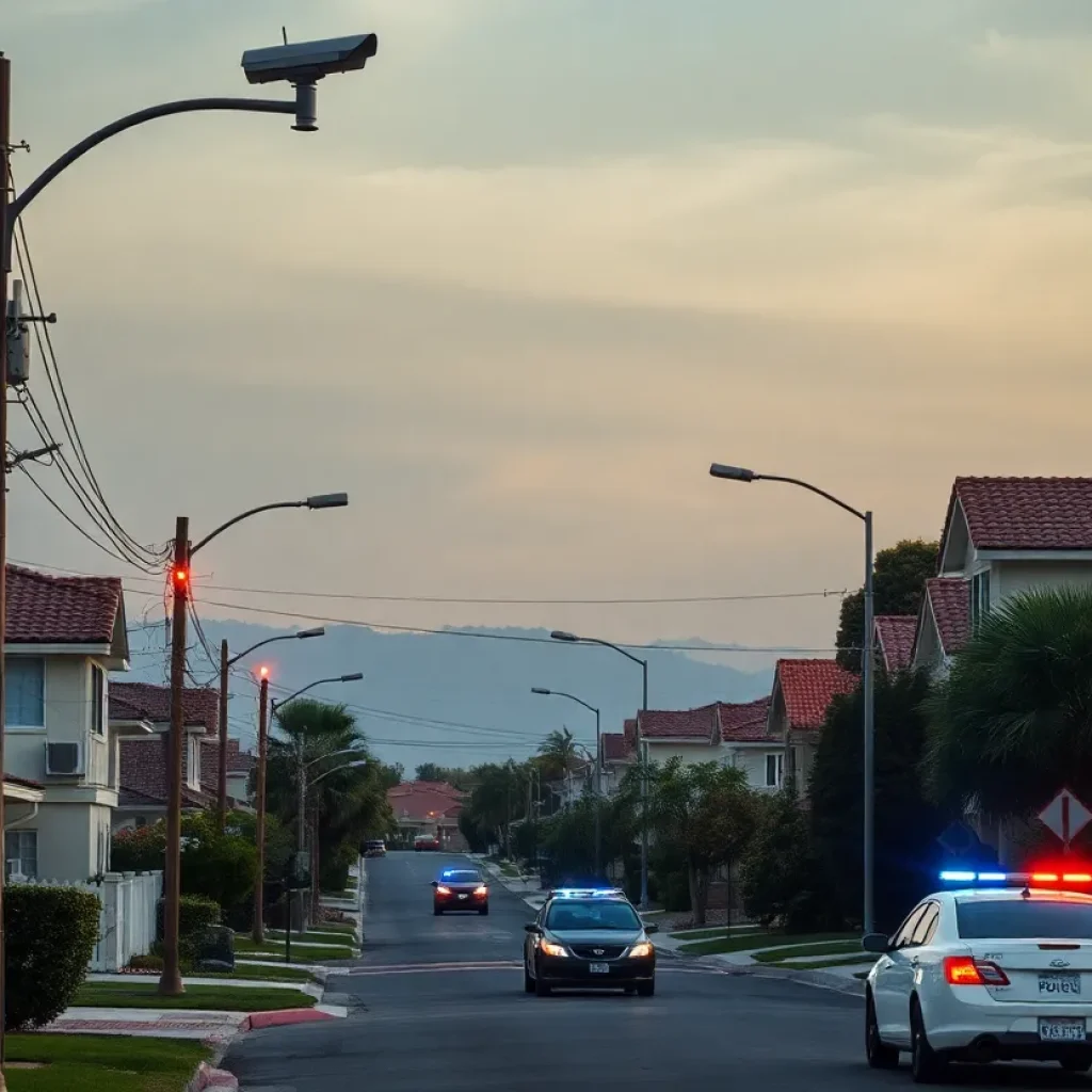 Suburban Los Angeles neighborhood showing surveillance cameras and police presence