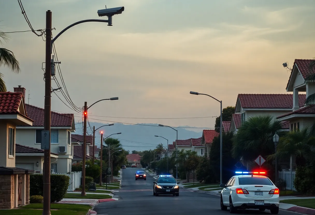 Suburban Los Angeles neighborhood showing surveillance cameras and police presence