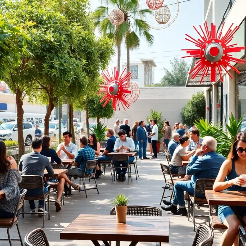People enjoying coffee at an outdoor patio in Los Angeles.