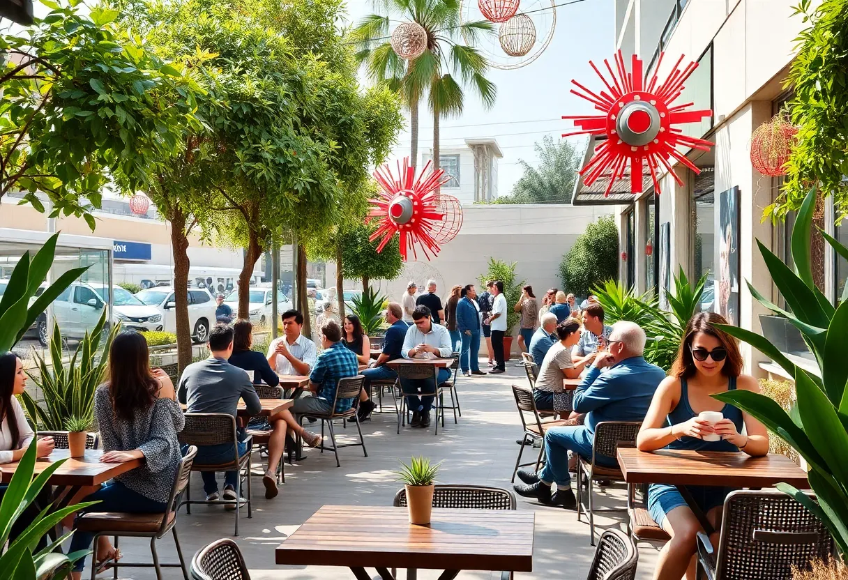 People enjoying coffee at an outdoor patio in Los Angeles.