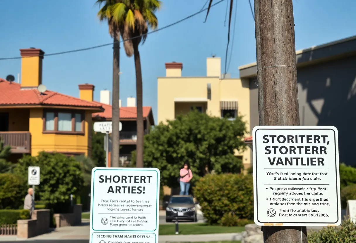 Neighborhood in Los Angeles with signs about short-term rental regulations