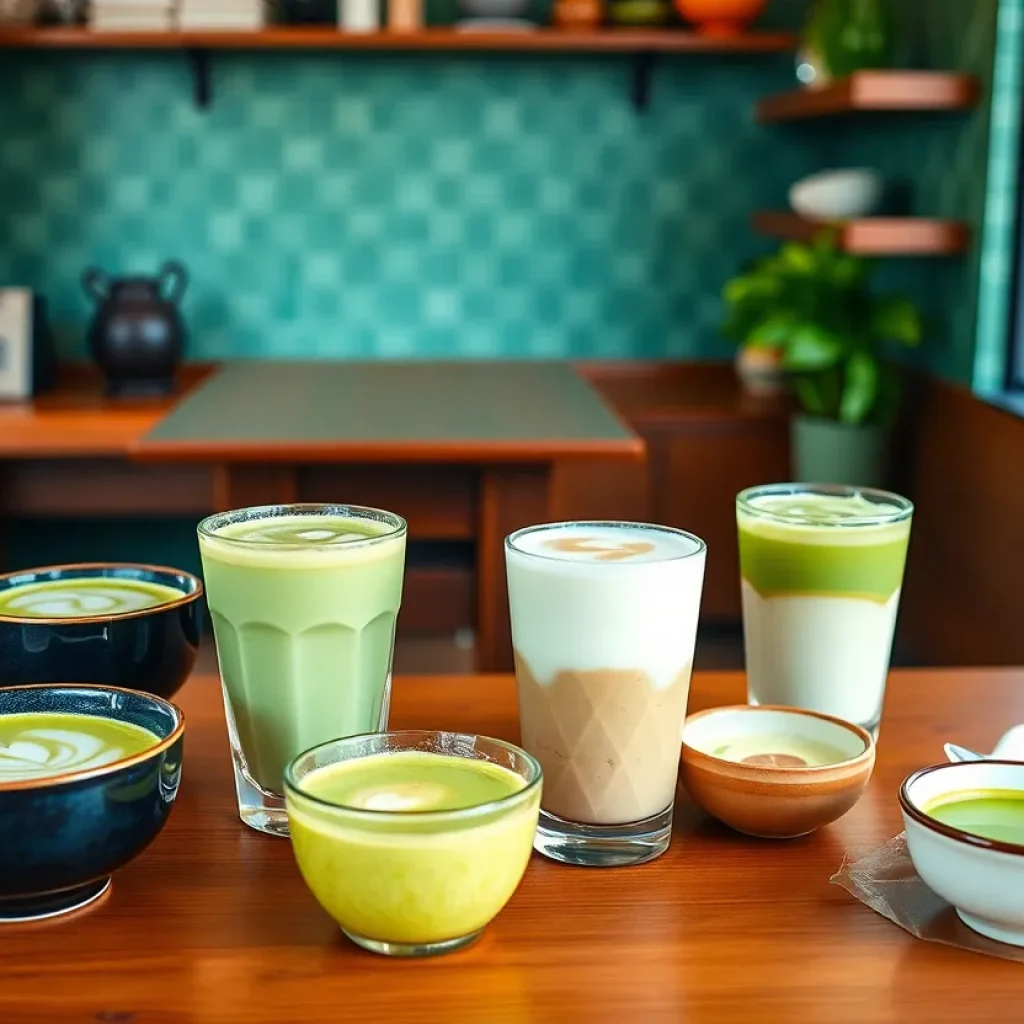 A variety of matcha drinks displayed in a cozy tea café.