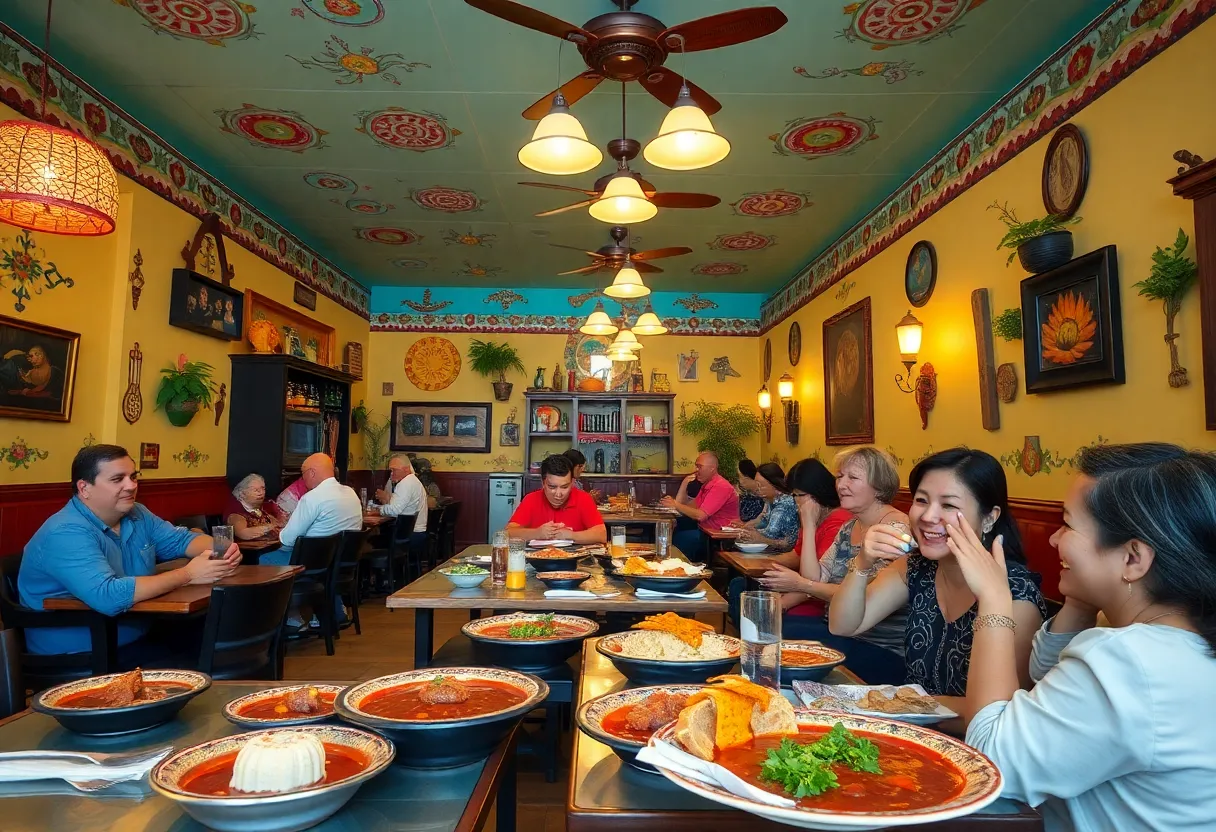 Interior of Moles La Tía restaurant with customers enjoying meals