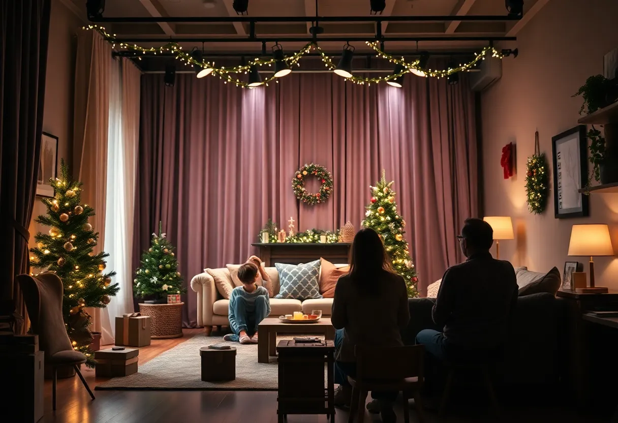 A theater stage set for the play 'My Dad's Kid' showcasing a festive apartment environment.
