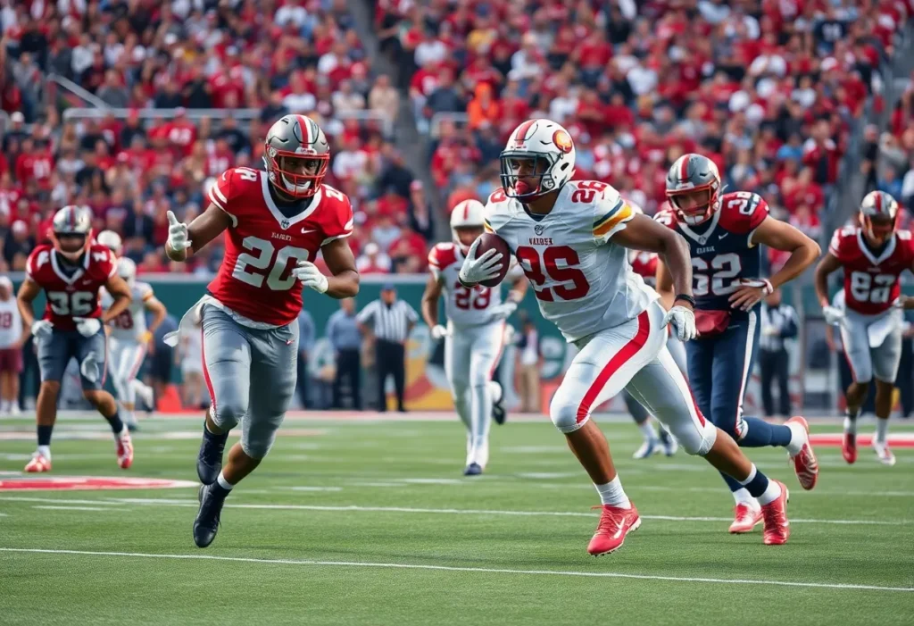 Northwestern Wildcats players in action against UCLA Bruins during a college football game