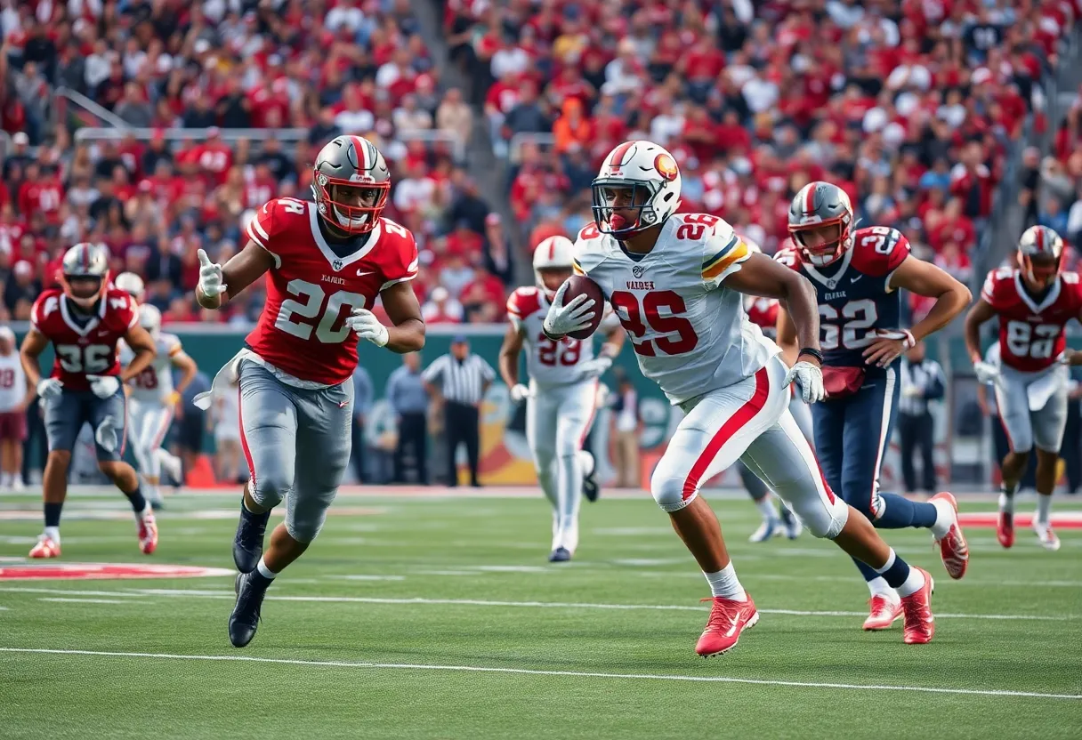 Northwestern Wildcats players in action against UCLA Bruins during a college football game
