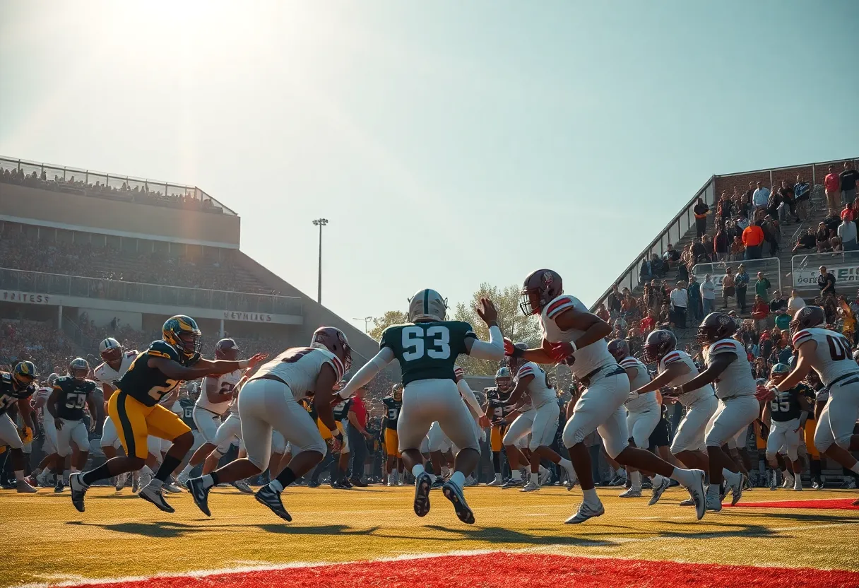 College football players competing on the field during a game.
