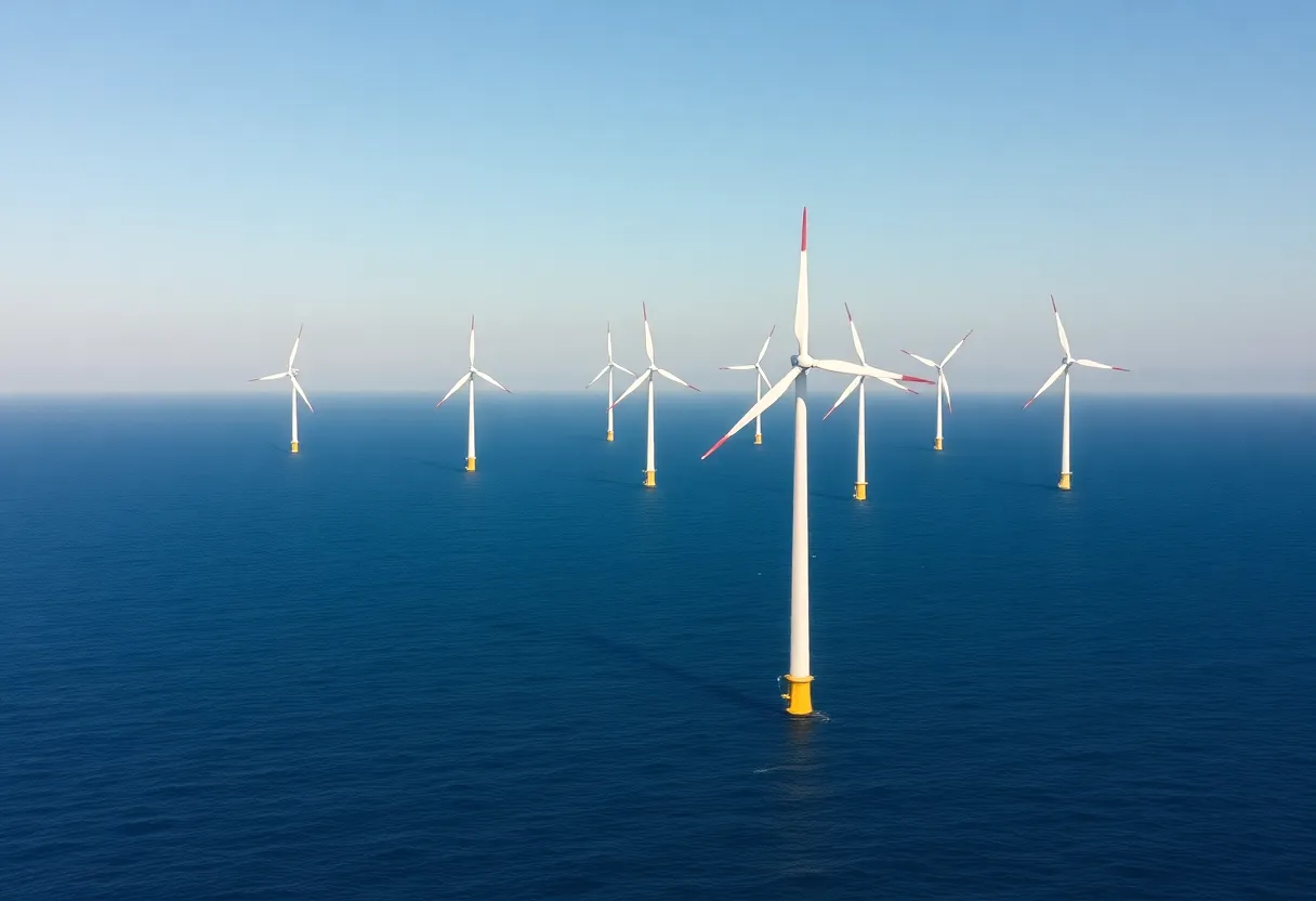 Aerial view of offshore wind turbines in the ocean