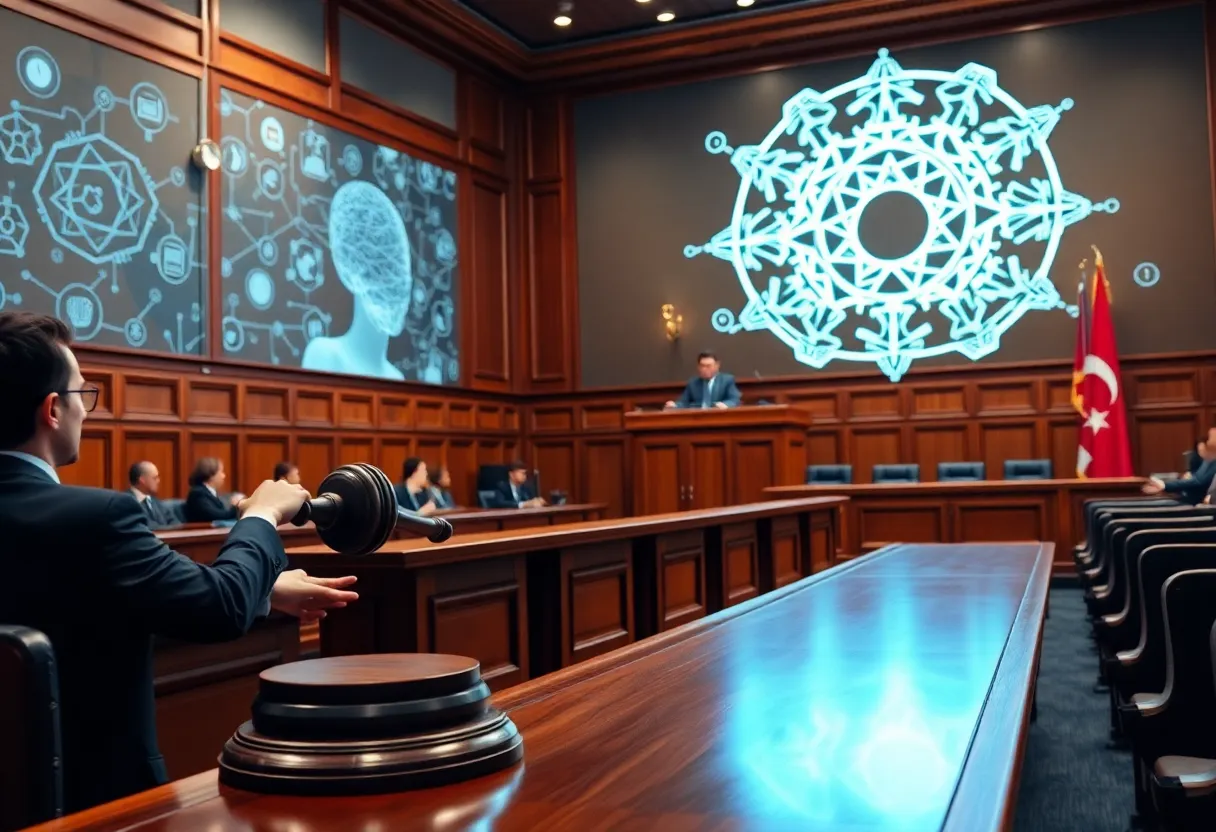 Courtroom illustration representing Triumph in the OpenAI trademark lawsuit