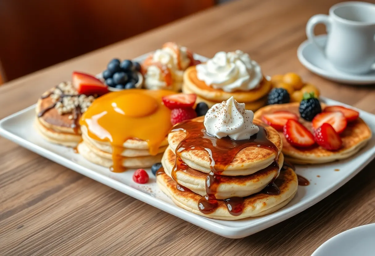 A variety of pancakes with different toppings served on a plate