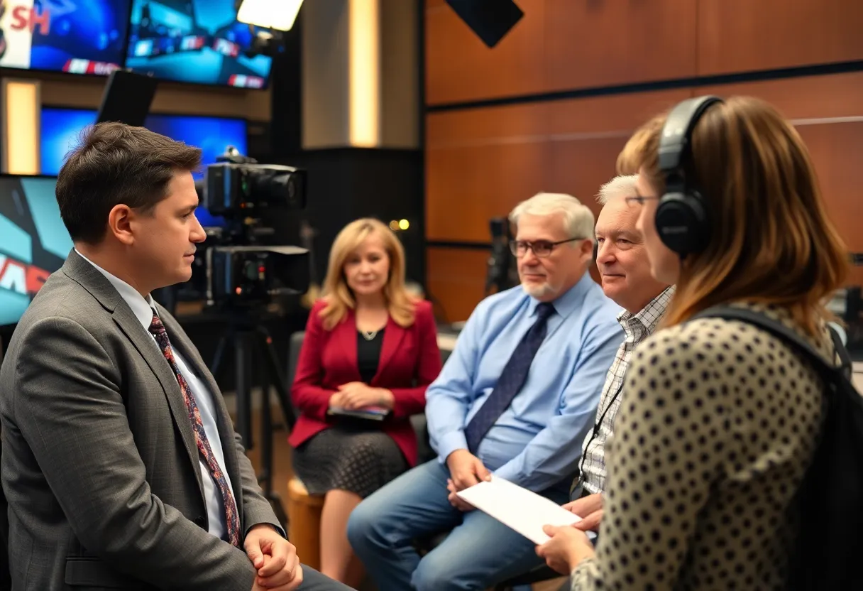 Journalists discussing funding cuts in a public media station