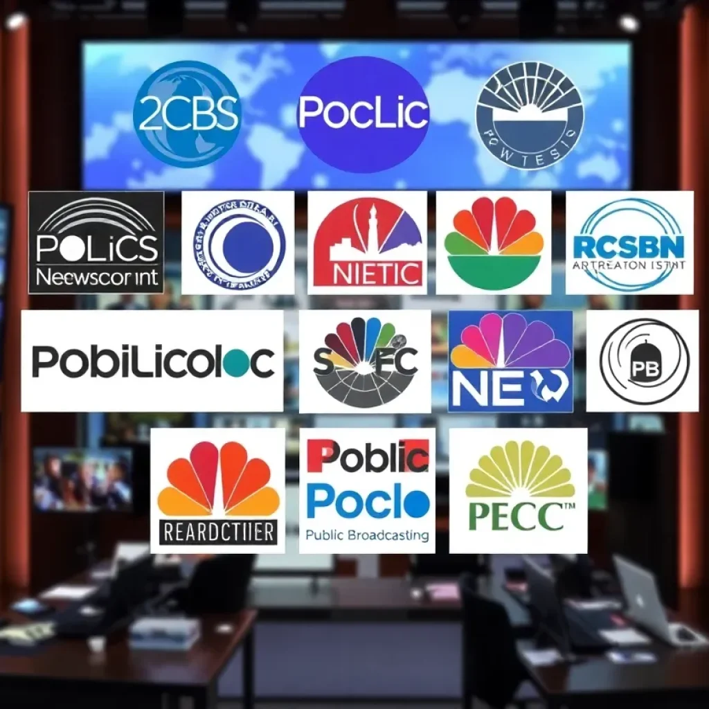 Collage illustrating public broadcasting logos and local news reporters.
