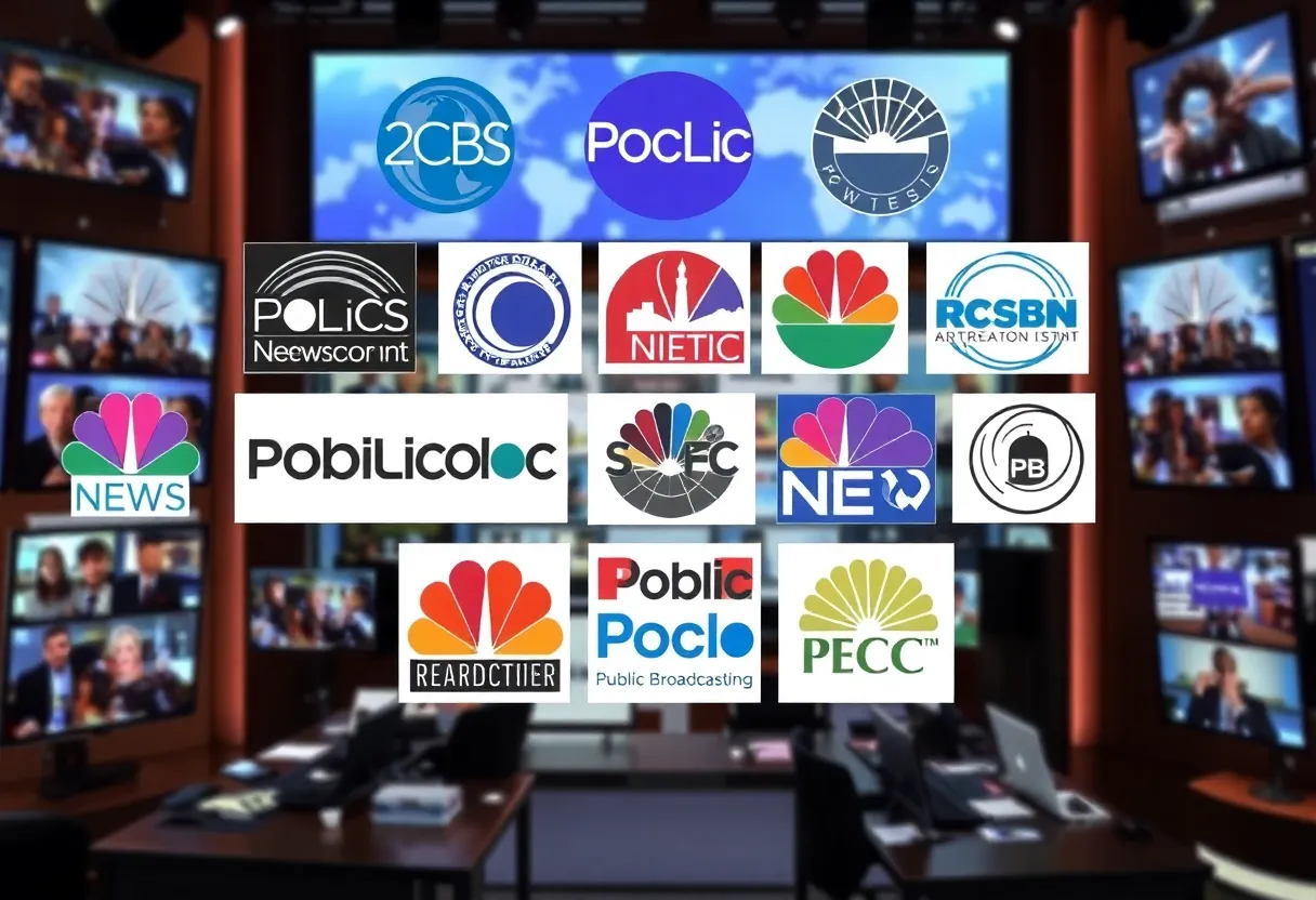 Collage illustrating public broadcasting logos and local news reporters.