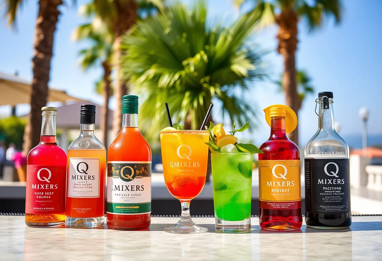Display of Q MIXERS products in a California bar setting
