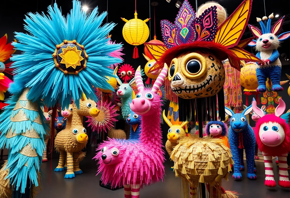 Colorful piñatas inspired by Hieronymus Bosch on display at an art gallery.
