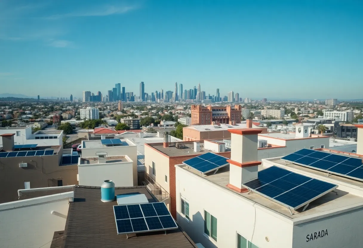 Aerial view of Los Angeles with rooftops equipped with solar panels