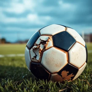 A worn-out soccer ball on a field, symbolizing youth sports and safety issues.