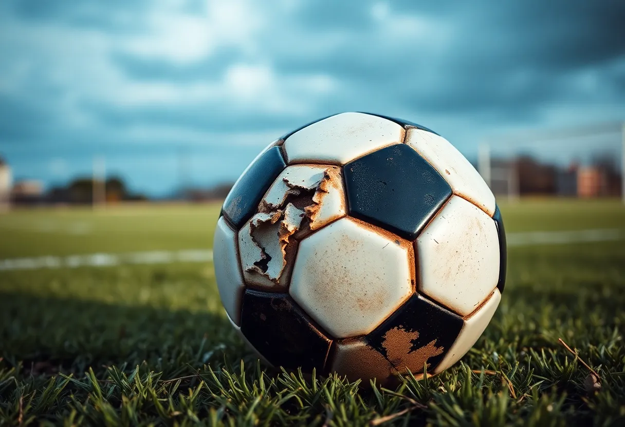 A worn-out soccer ball on a field, symbolizing youth sports and safety issues.