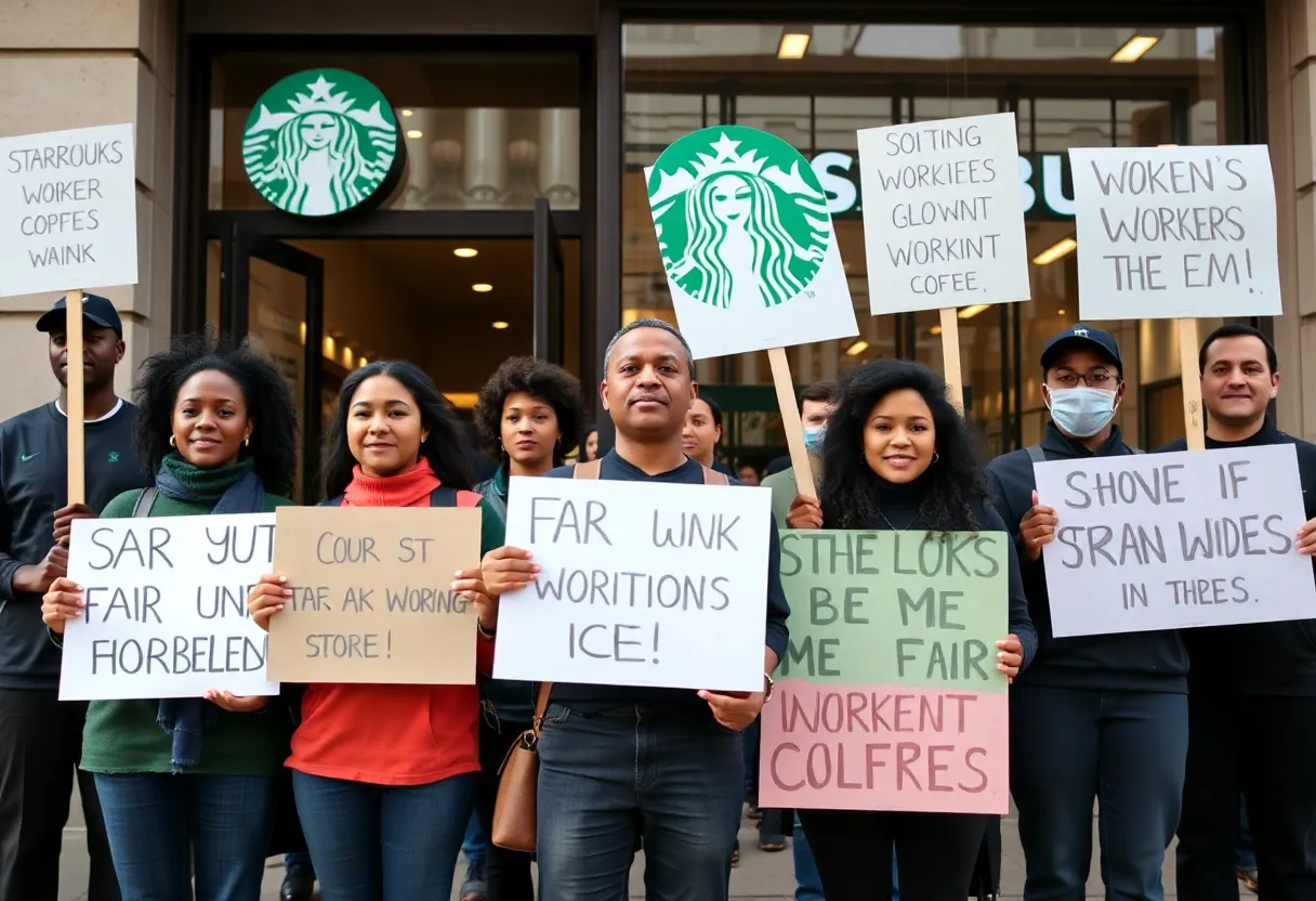 Protest by Starbucks workers outside a store in Los Angeles