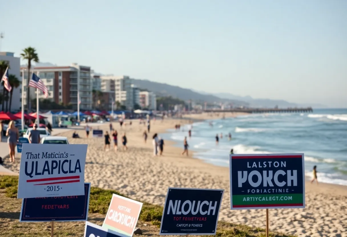 Political campaign launch event at Huntington Beach with signs and crowd.