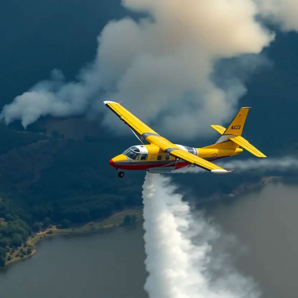 CL-415 Super Scooper aircraft scooping water for firefighting