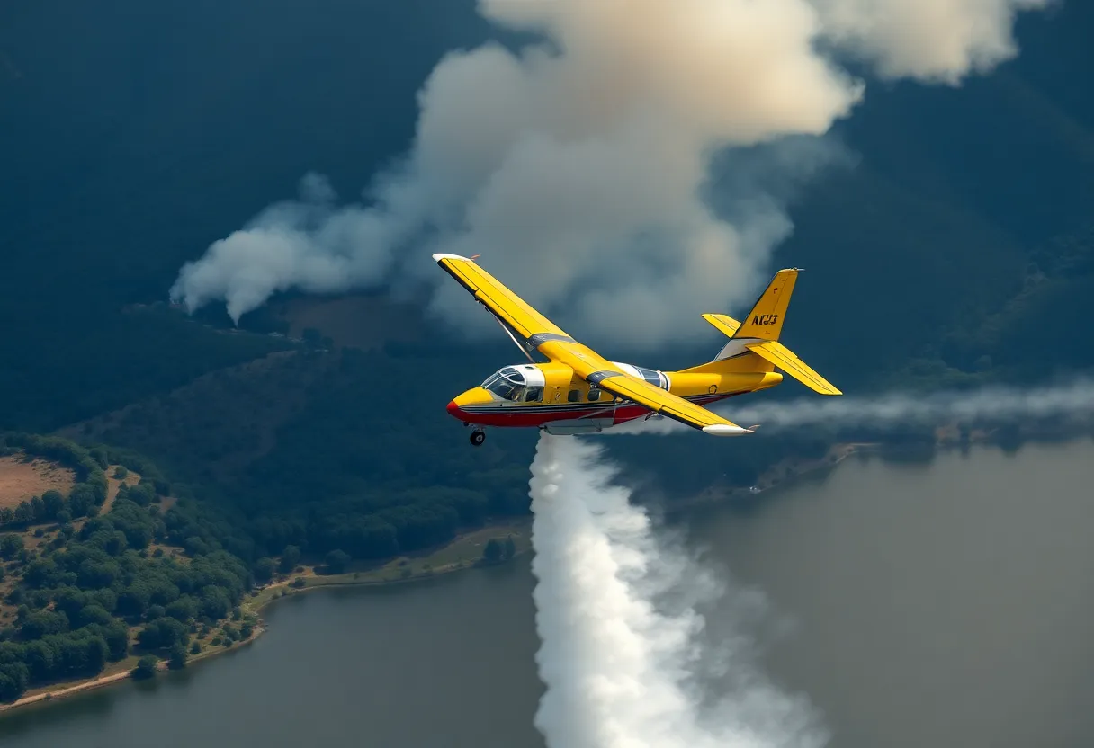 CL-415 Super Scooper aircraft scooping water for firefighting