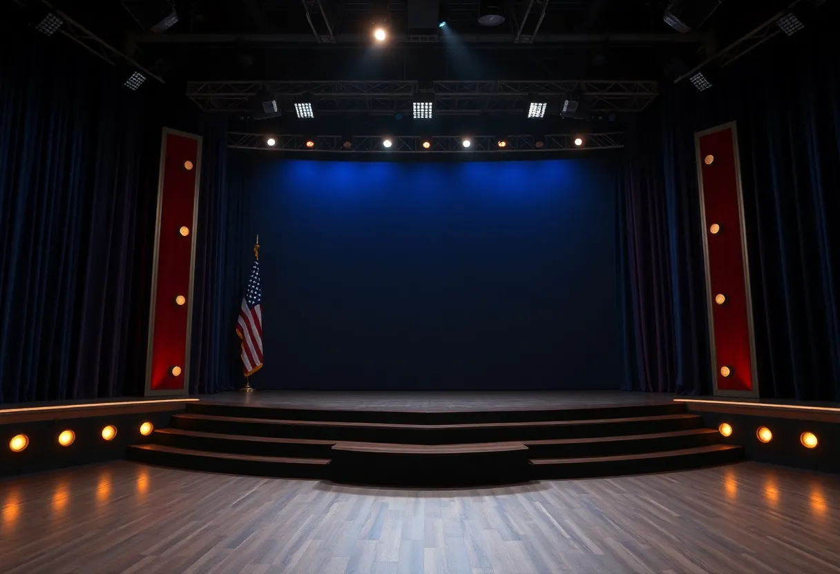 An empty late-night talk show stage indicating suspension