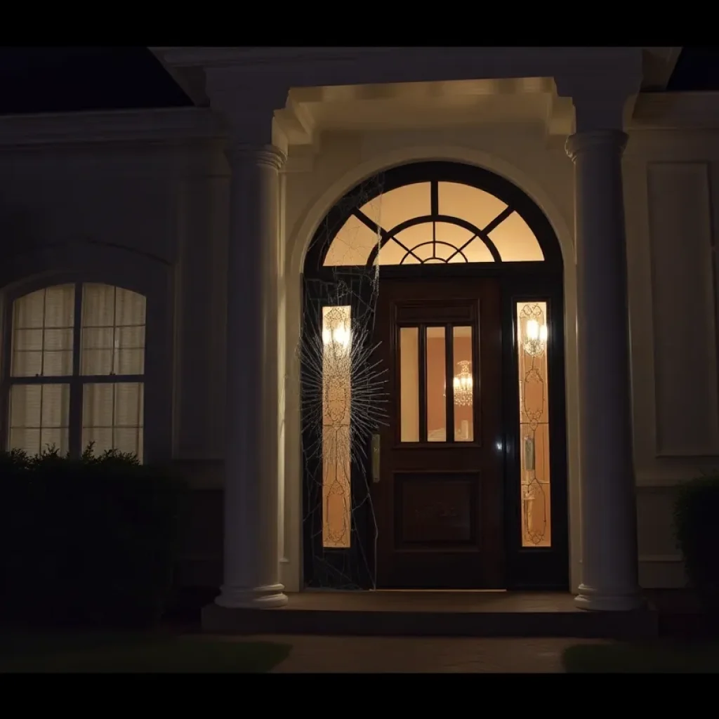 Shattered glass door of a luxurious home indicating a burglary