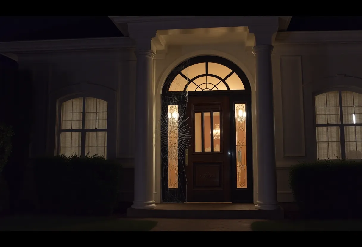 Shattered glass door of a luxurious home indicating a burglary