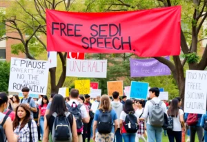 Students on UCLA campus participating in academic discussions with banners representing diverse views.