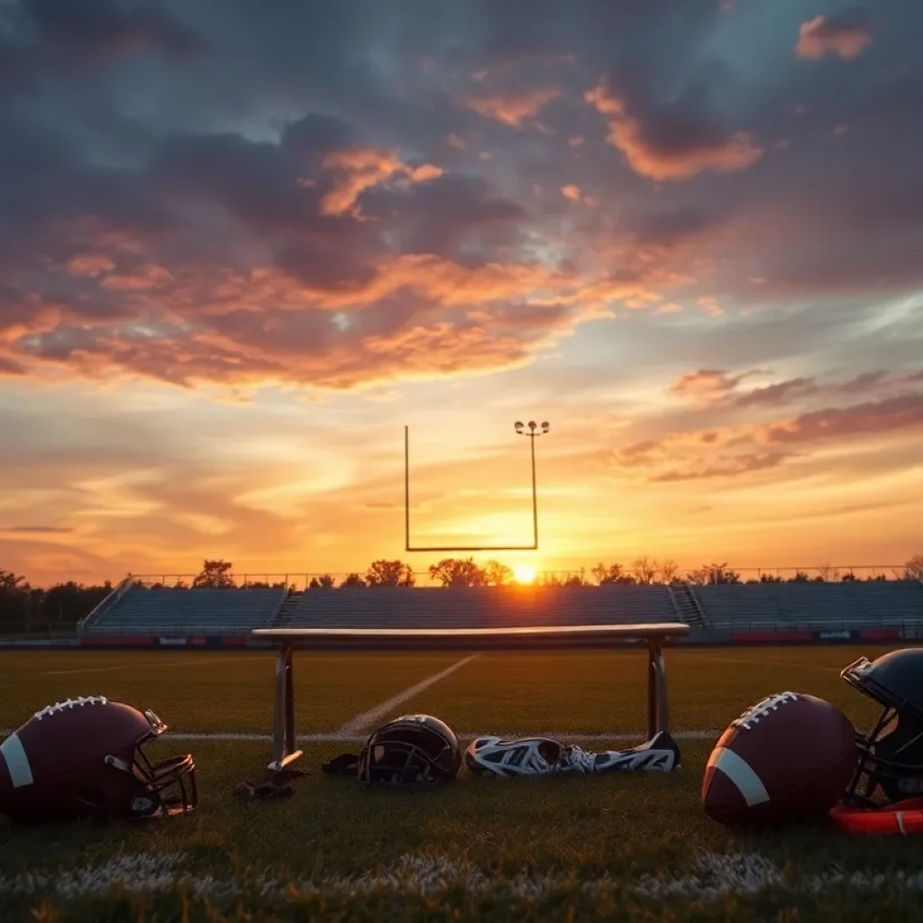 Empty UCLA football bench at sunset