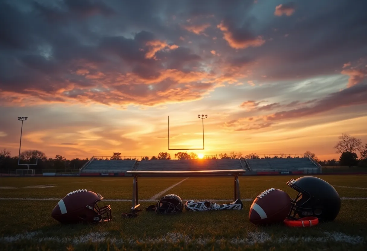 Empty UCLA football bench at sunset
