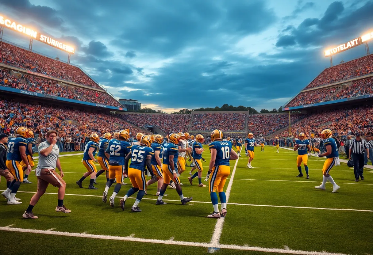 UCLA football players on the field during a game against Northwestern