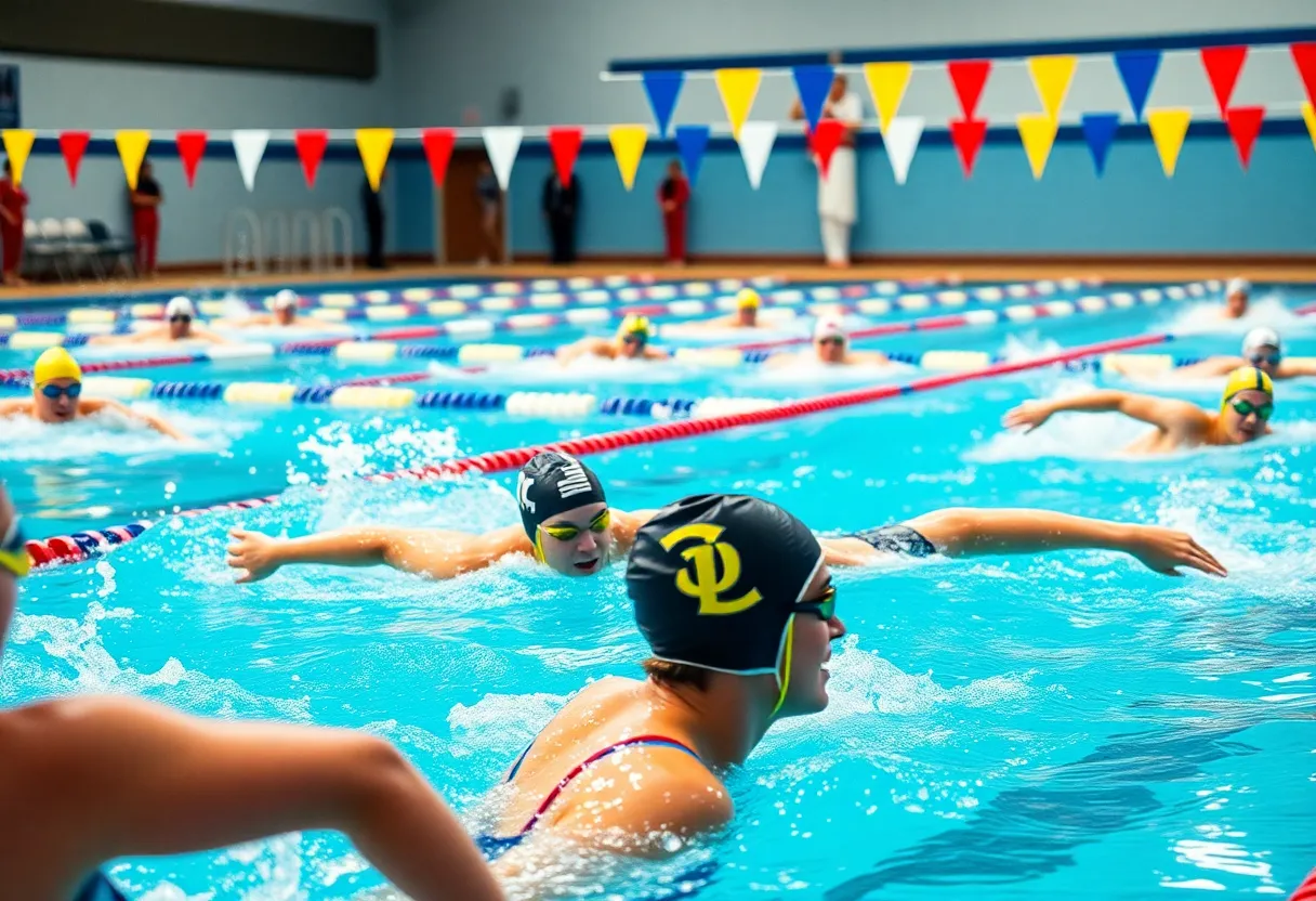 Athletes competing in a UCLA swimming meet at the pool