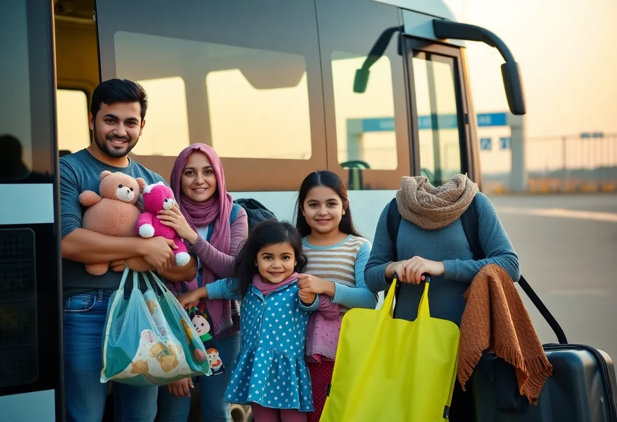Family preparing for a journey with their belongings