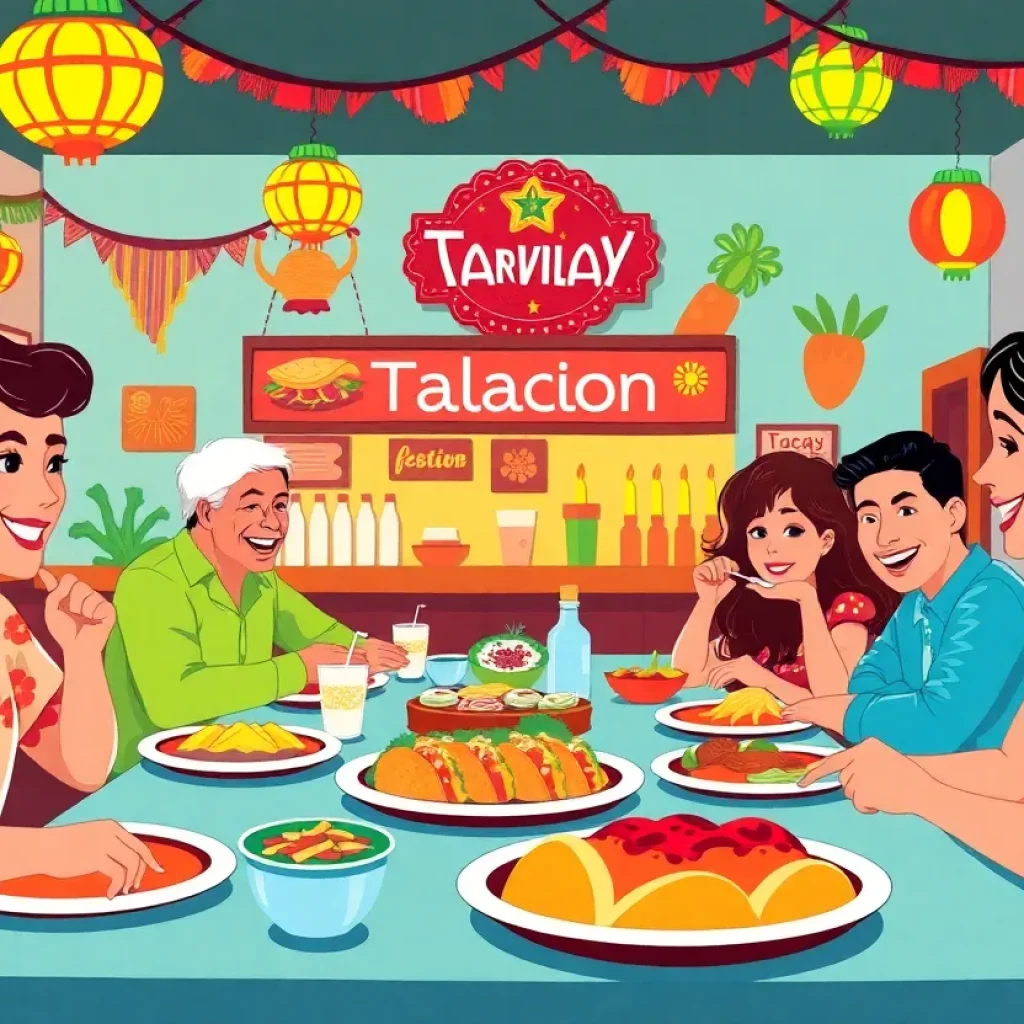 Scene of a lively Mexican restaurant with traditional dishes