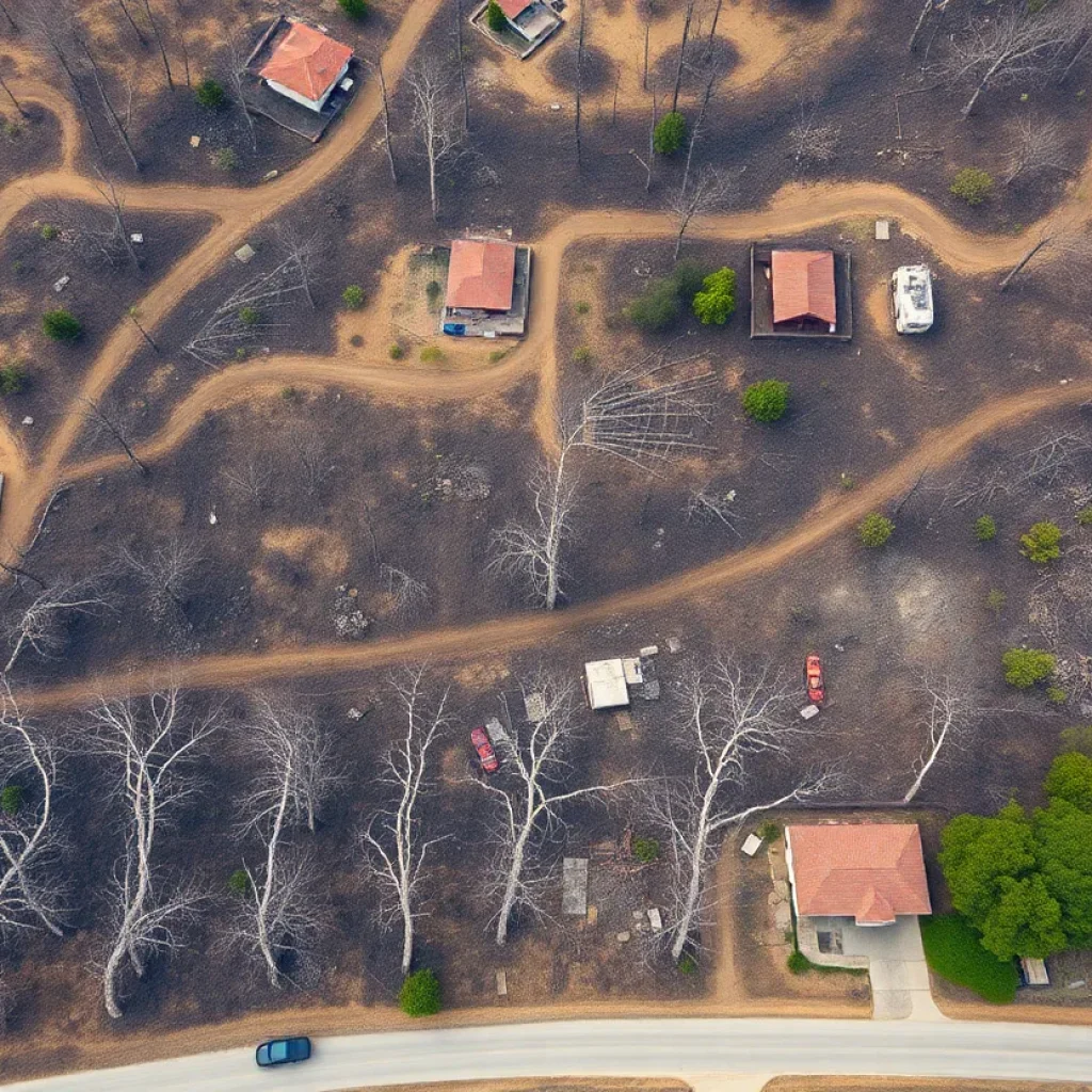 Aerial view of a forest affected by wildfires in Southern California