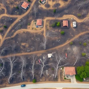 Aerial view of a forest affected by wildfires in Southern California