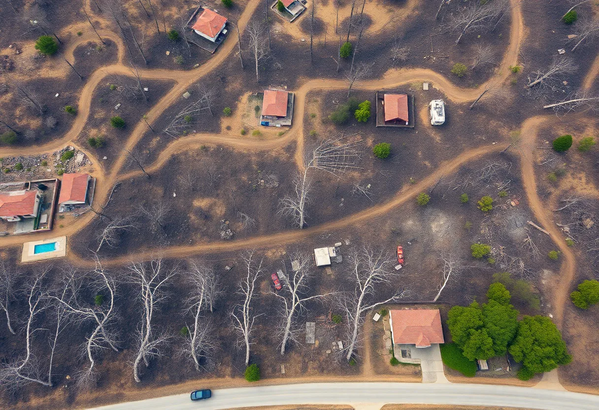 Aerial view of a forest affected by wildfires in Southern California