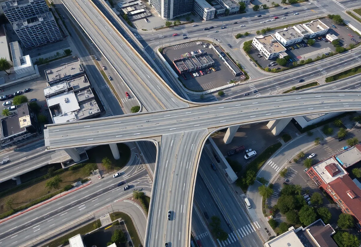 Aerial view of the 6th Street Viaduct in Los Angeles, highlighting safety concerns.